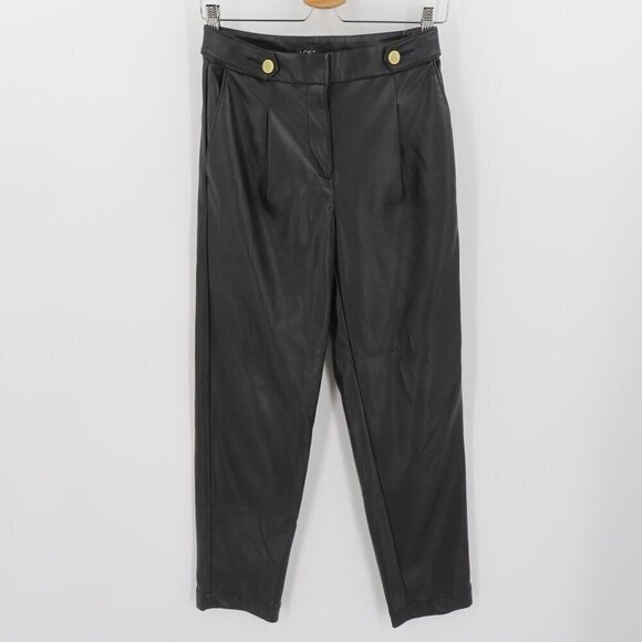LOFT Womens 00 Solid Black Faux Leather Trouser Pants Gold Buttons Has Pockets - Picture 8 of 9